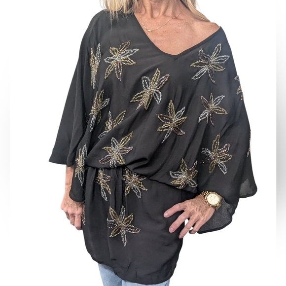Romeo + Juliet Couture Sheer Black Batwing Sleeve Beaded Peplum Blouse Size S - Picture 12 of 13